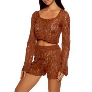 Almost Famous Brown Crochet Long Sleeve Crop Top & Shorts Set